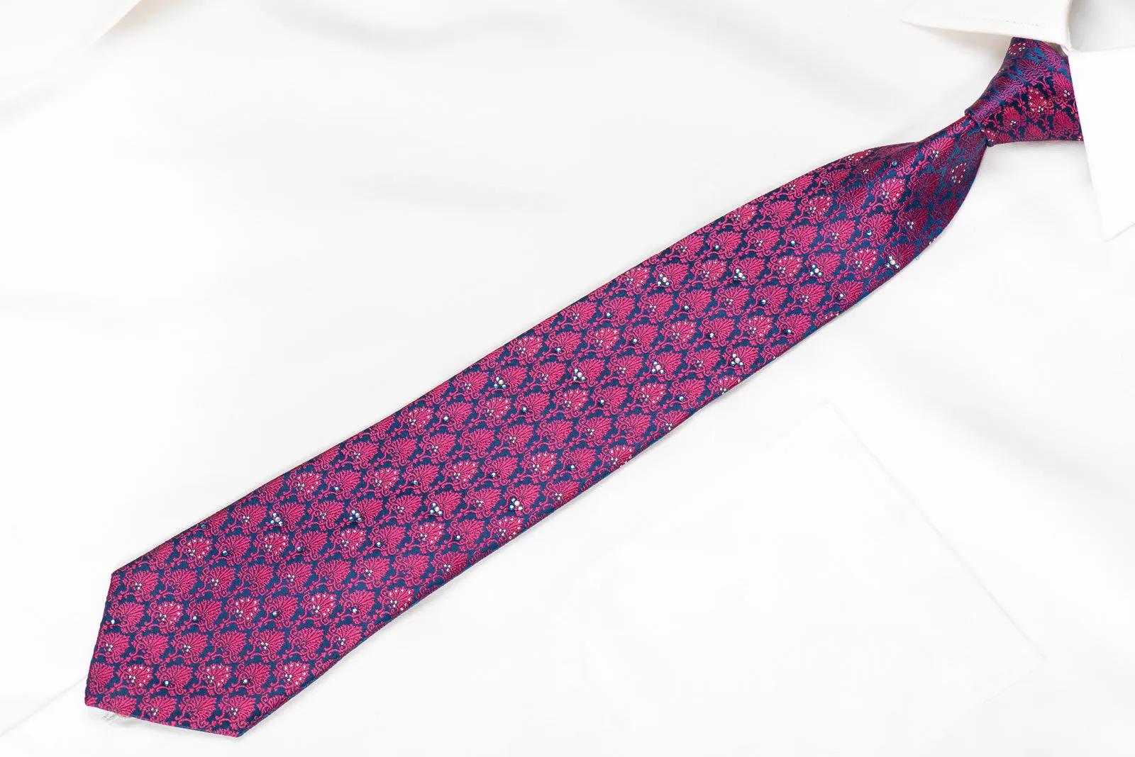 Solus Mens Crystal Silk Necktie Pink Anthemion On Blue With Silver Sparkles