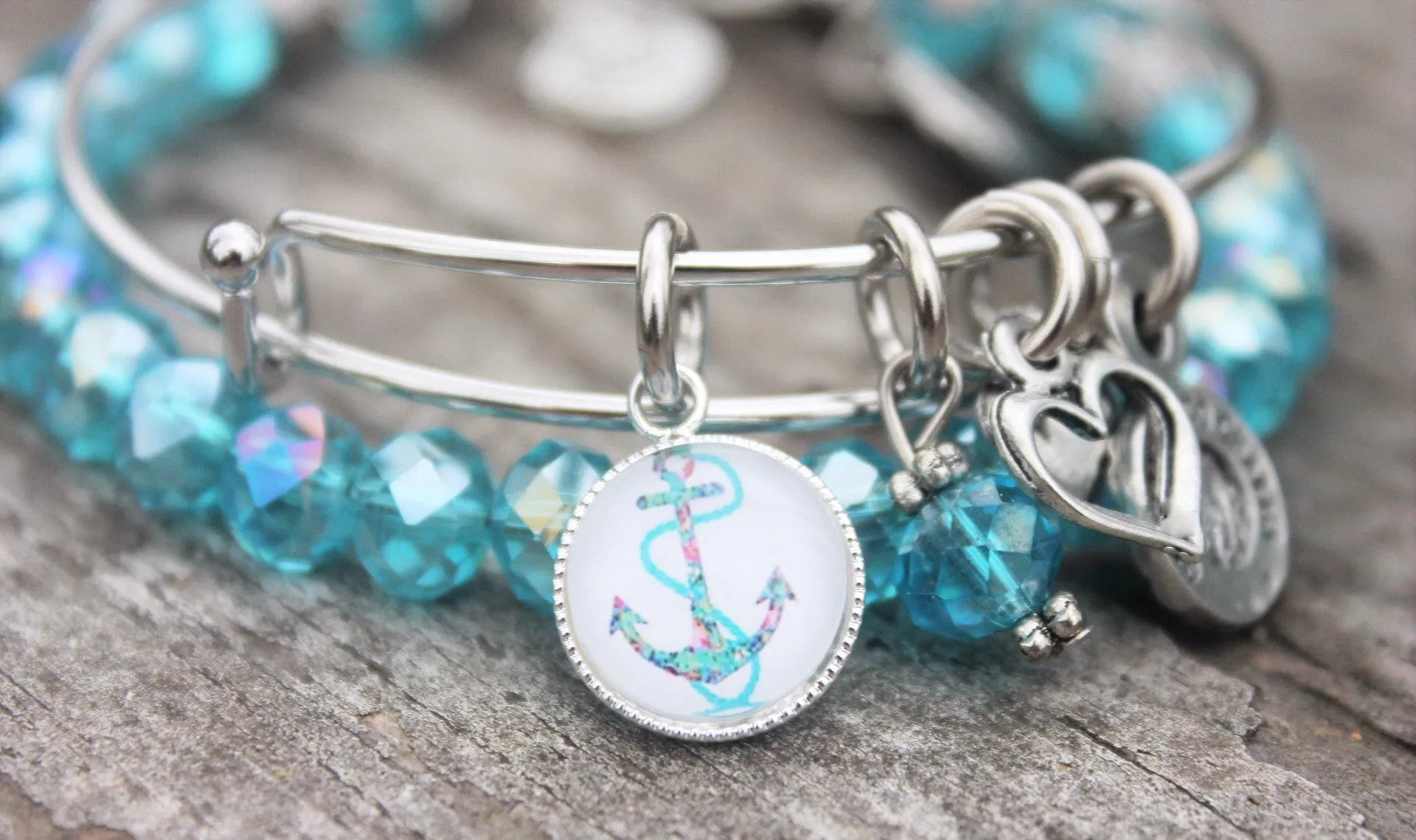 Splash Print Anchor Resin Charm Expandable Bangle And Splash Of Color Bracelet Set