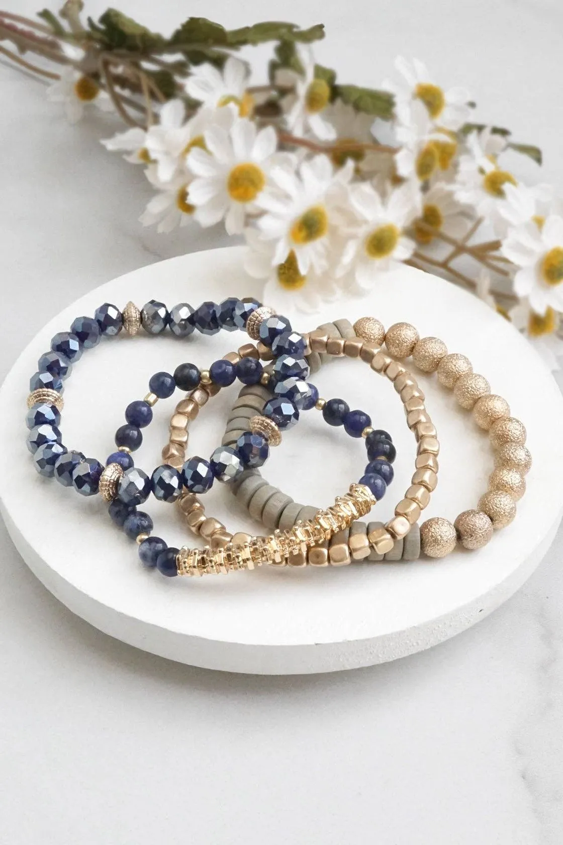 Stack of 4 Piece Beaded with Blue Semi Precious Bracelet