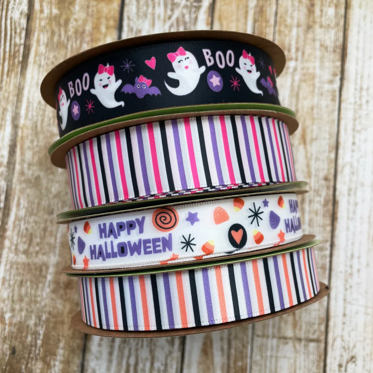 Stripe ribbon lavender, black and pink for Halloween printed on 7/8" white satin