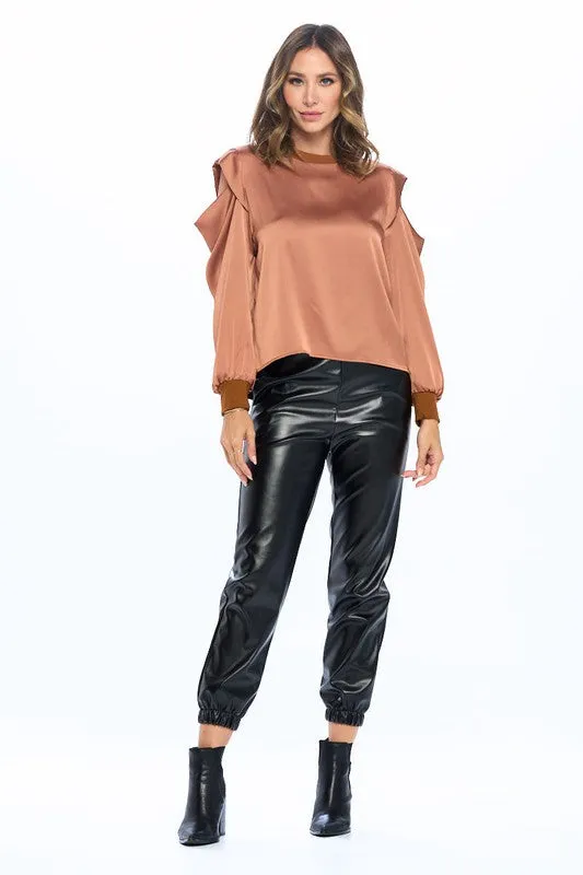 TEEK - Rust Satin Stretch Peep Shoulder Sweatshirt