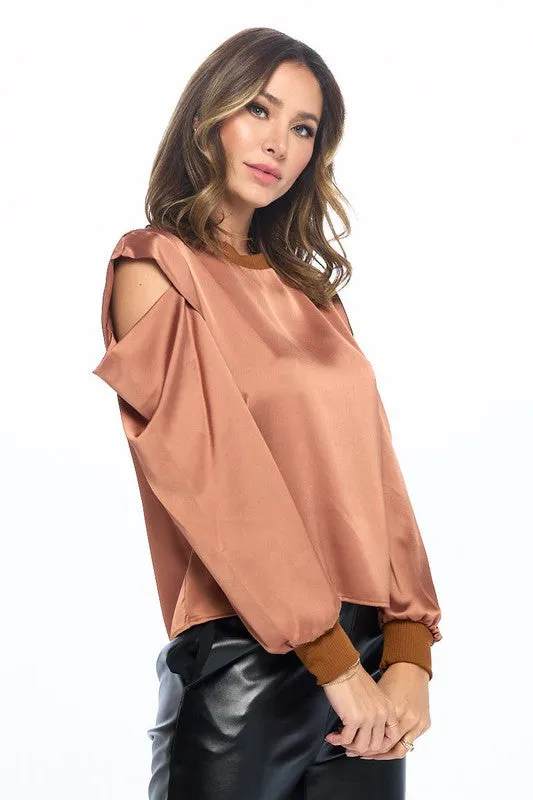 TEEK - Rust Satin Stretch Peep Shoulder Sweatshirt