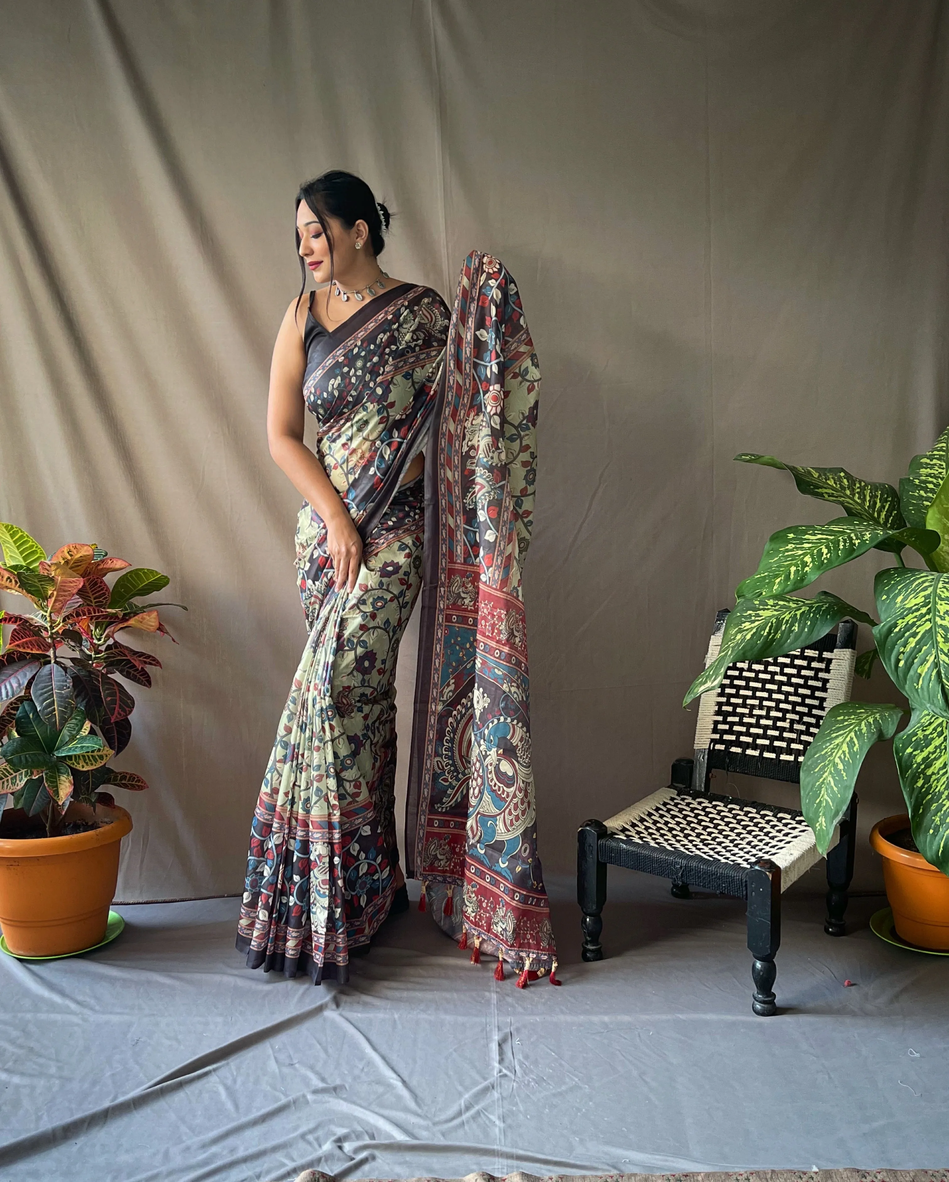 Thistle Green Saree in Cotton Kalamkari Printed