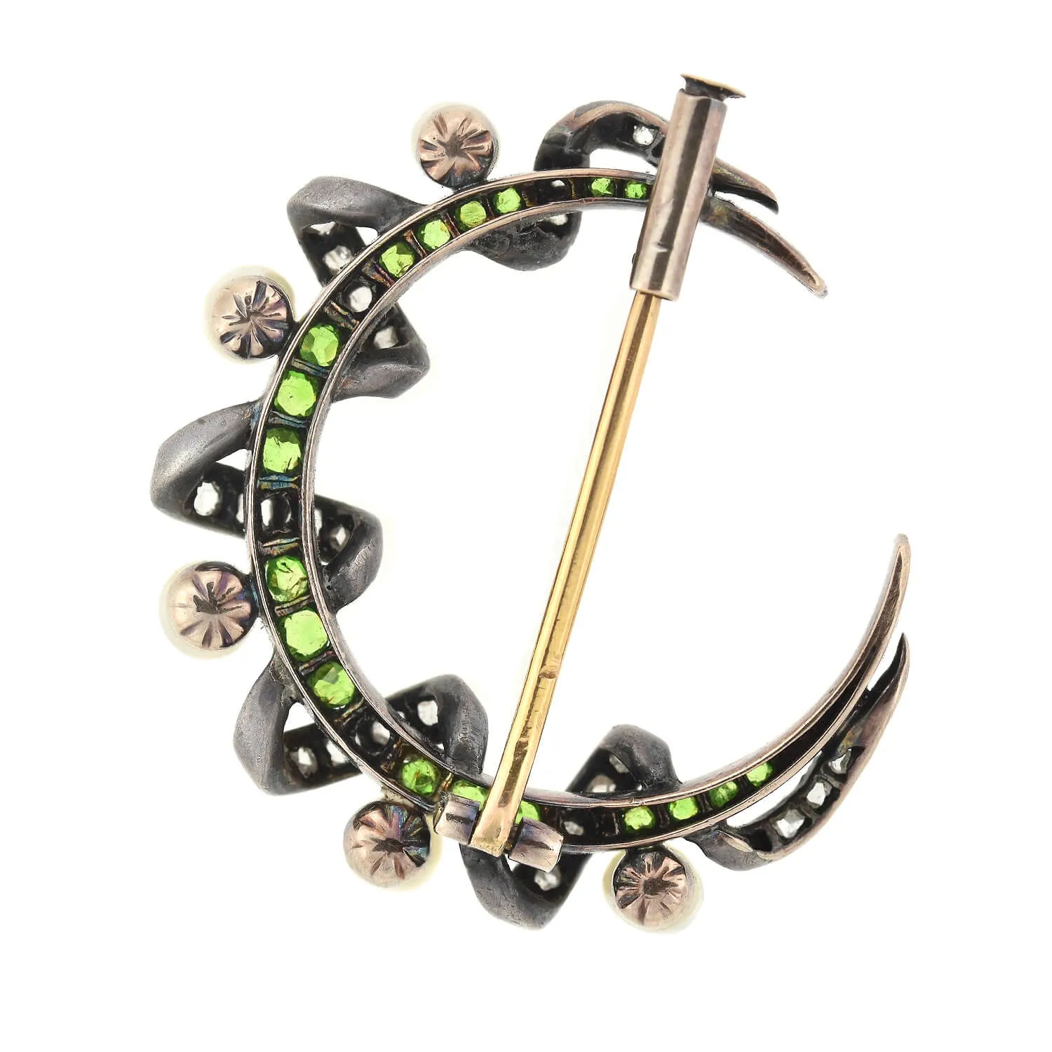 Victorian 18kt/Sterling Demantoid Garnet, Diamond   Pearl Crescent Moon Pin