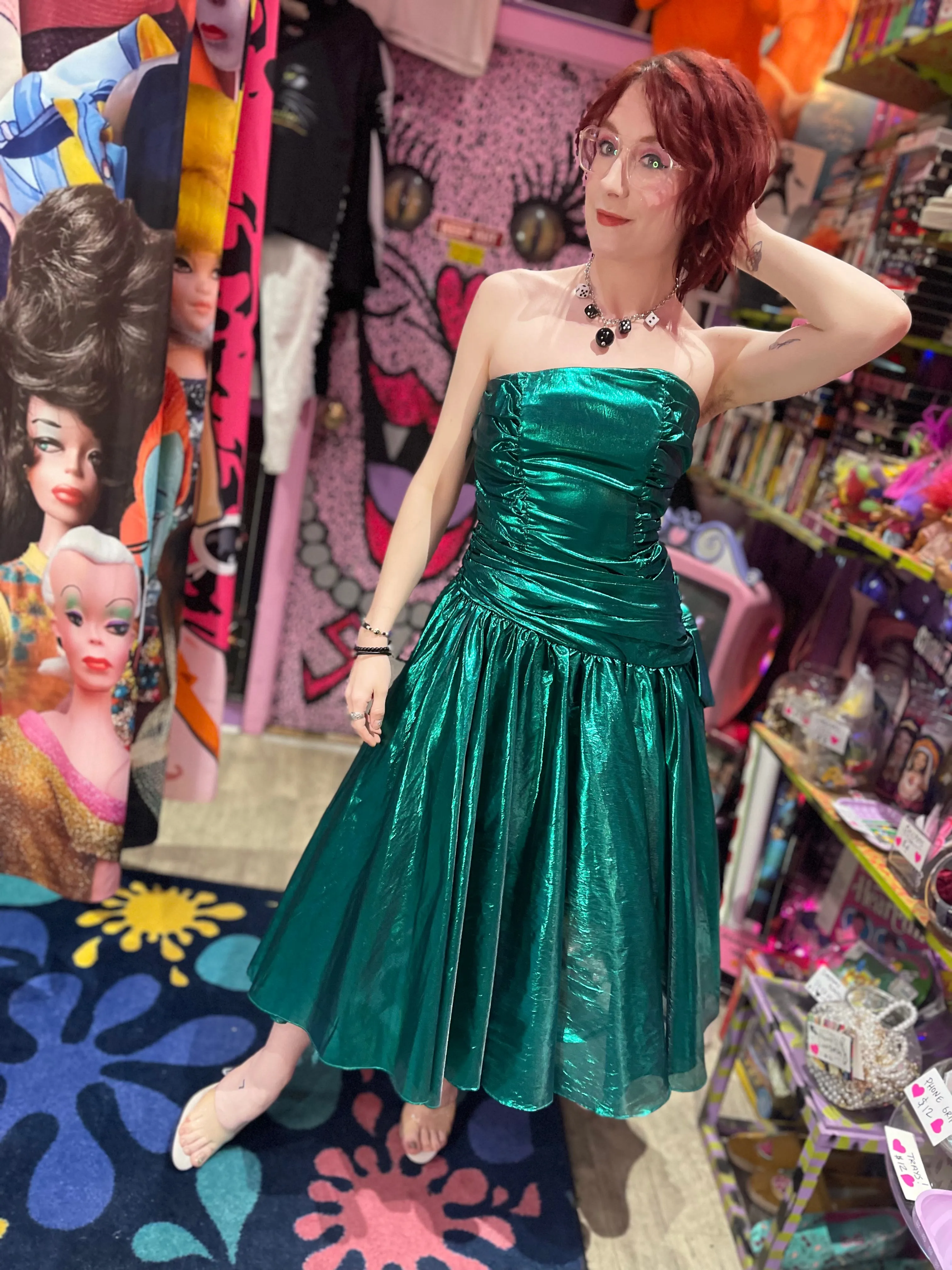 Vintage 80s Metallic Emerald Green Asymmetrical Party Dress