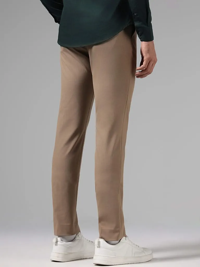 WES Formals Solid Dark Khaki Ultra Slim-Fit Mid-Rise Trousers