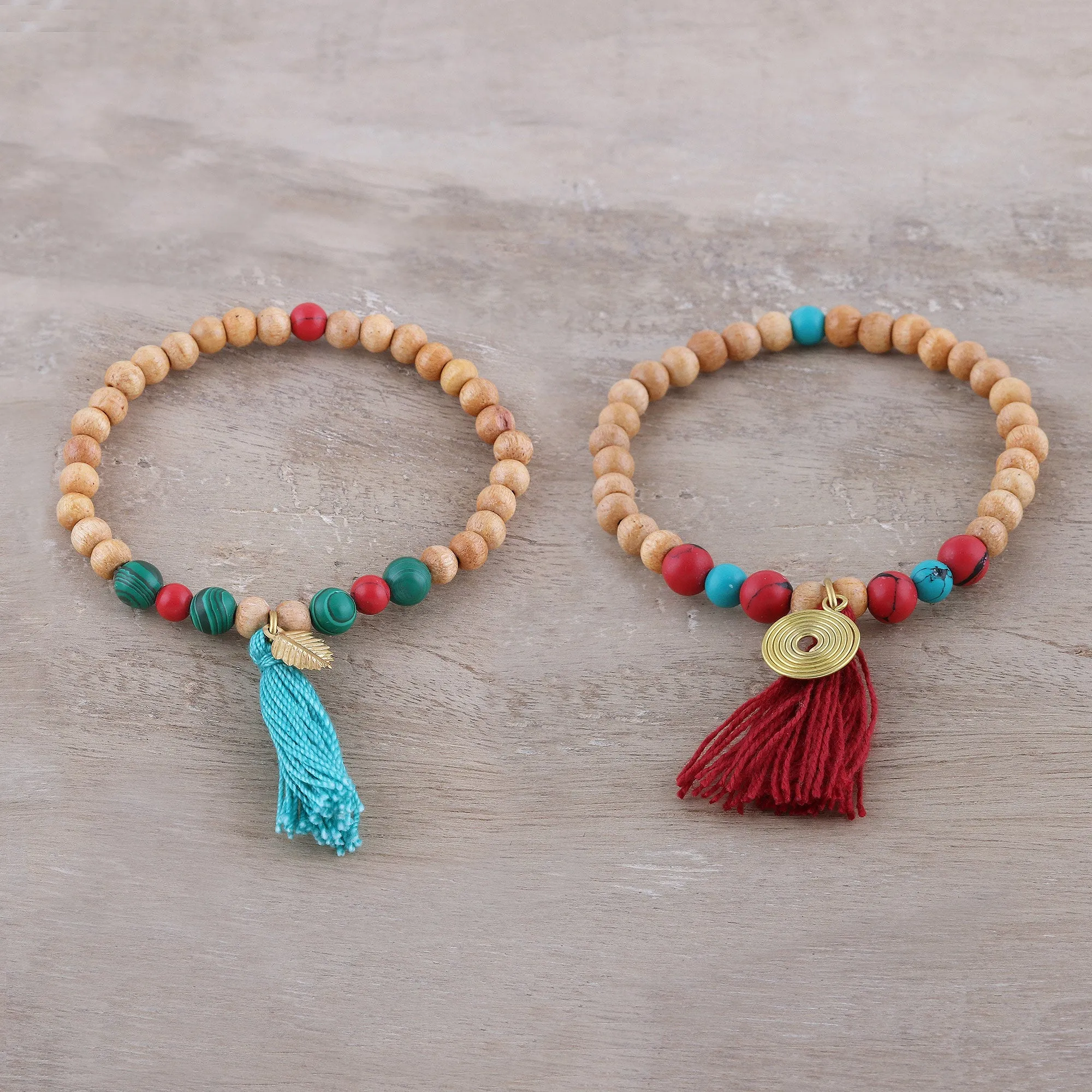 Wood and Bone Beaded Stretch Bracelets from India (Pair) - Happy Bohemian | NOVICA