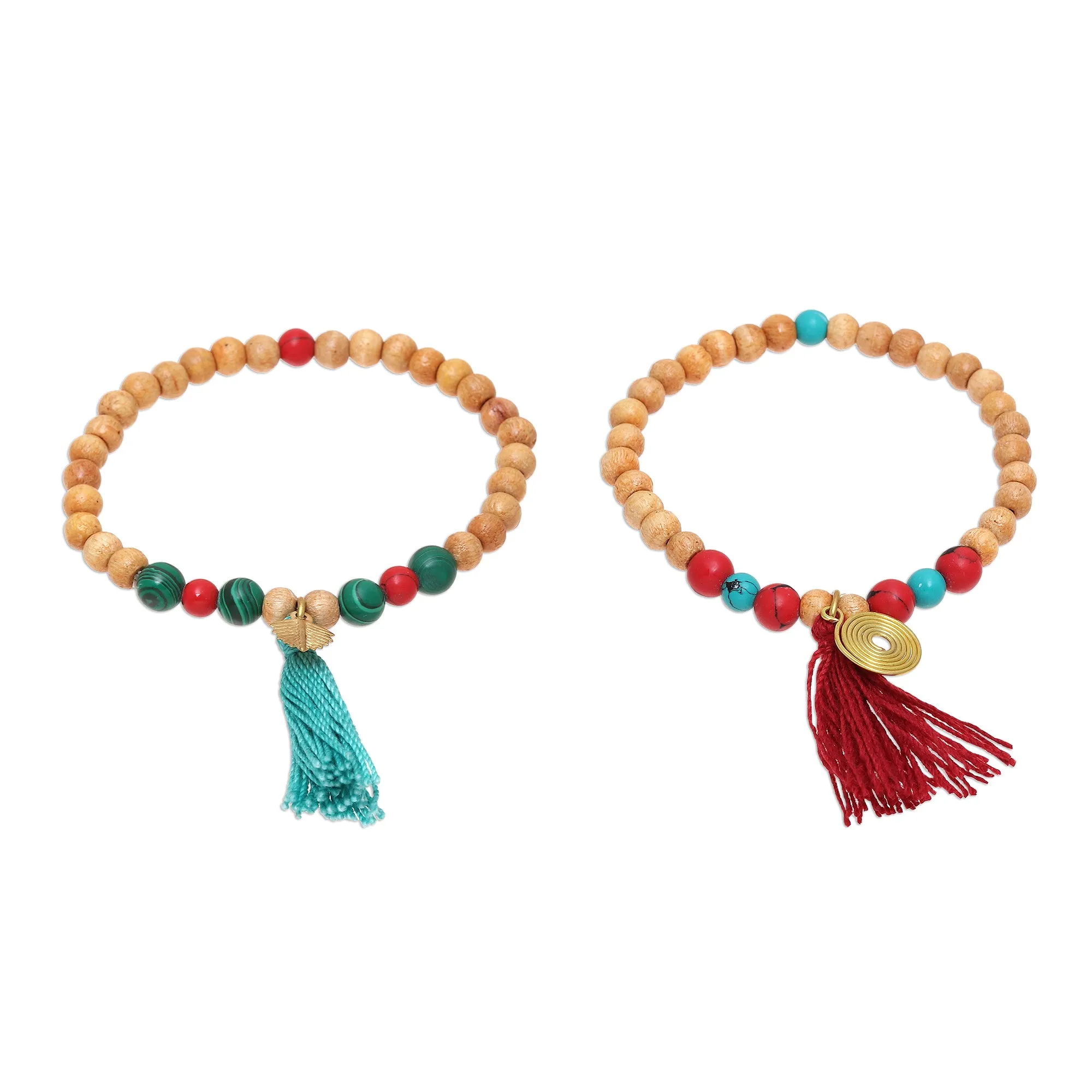 Wood and Bone Beaded Stretch Bracelets from India (Pair) - Happy Bohemian | NOVICA