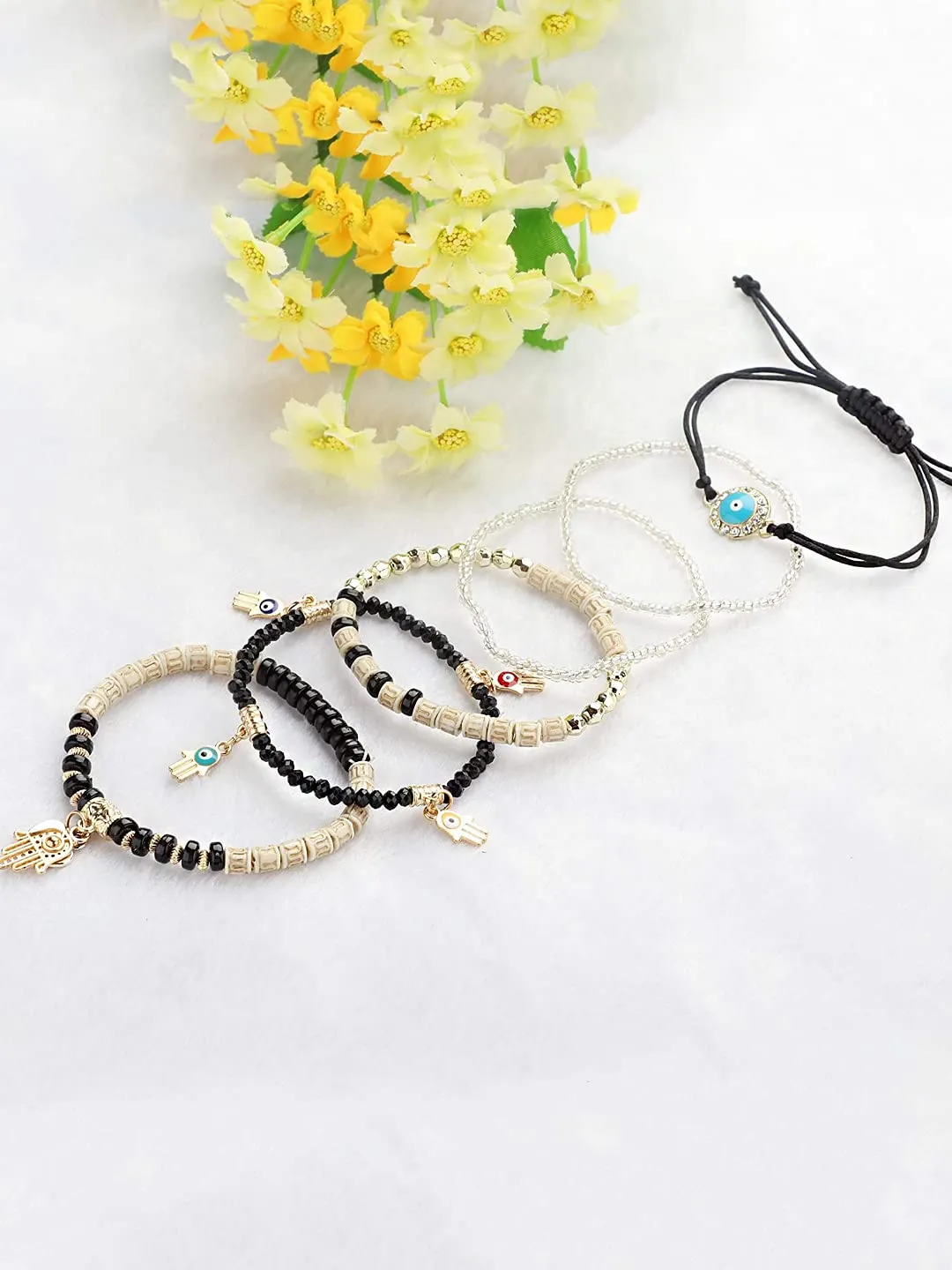 Yellow Chimes Bracelet for Women and Girls Evil Eye Nazariya Bracelets for Women | 6 Pcs Black Beads Layered Bracelet | Birthday Gift For girls and women Anniversary Gift for Wife