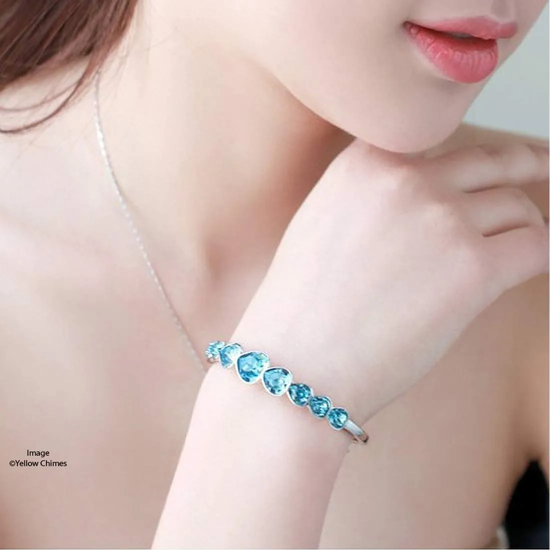 Yellow Chimes Valentine Gift for Girls Blue Ocean Copper Crystal CZ Heart Charm Bracelet for Women and Girls