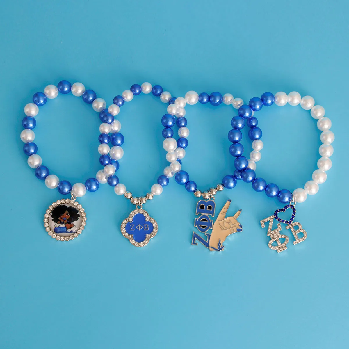 Zeta Phi Beta Charm Bracelet Set Blue White Pearl ΖΦΒ Bracelet